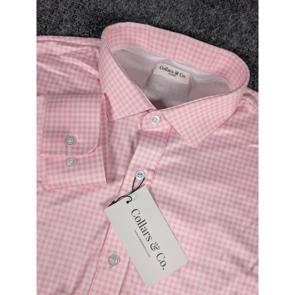 Collars & Co. Dress Collar Polo Men XL Pink Gingham Long Sleeve Shirt NWT
